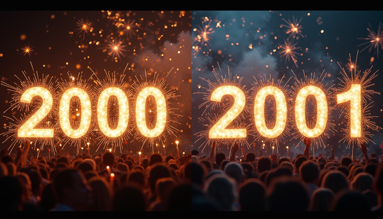 Comparison of celebrations in 2000 and 2001 demonstrating the millennial transition debate.