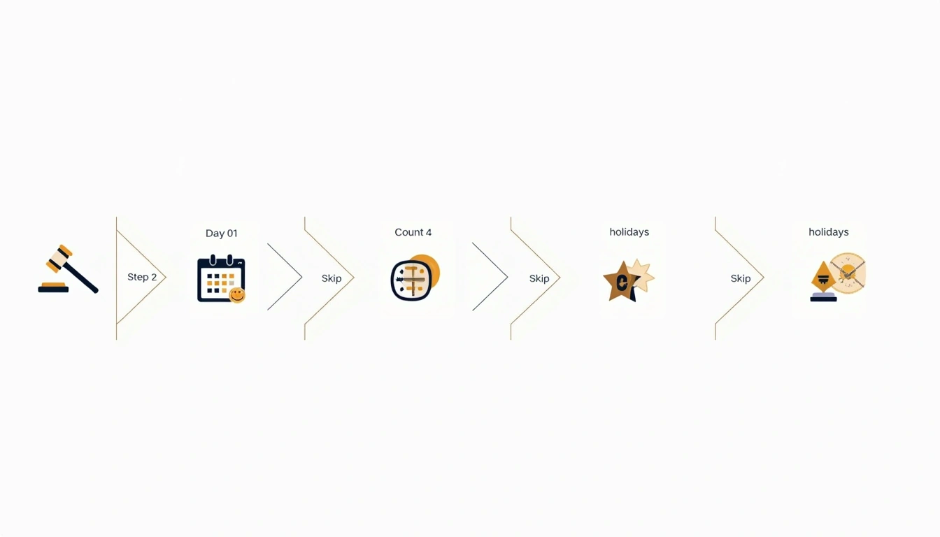 Infographic showing five-step federal court deadline counting process: Day 0 trigger, count calendar days, skip weekends, skip holidays, final deadline