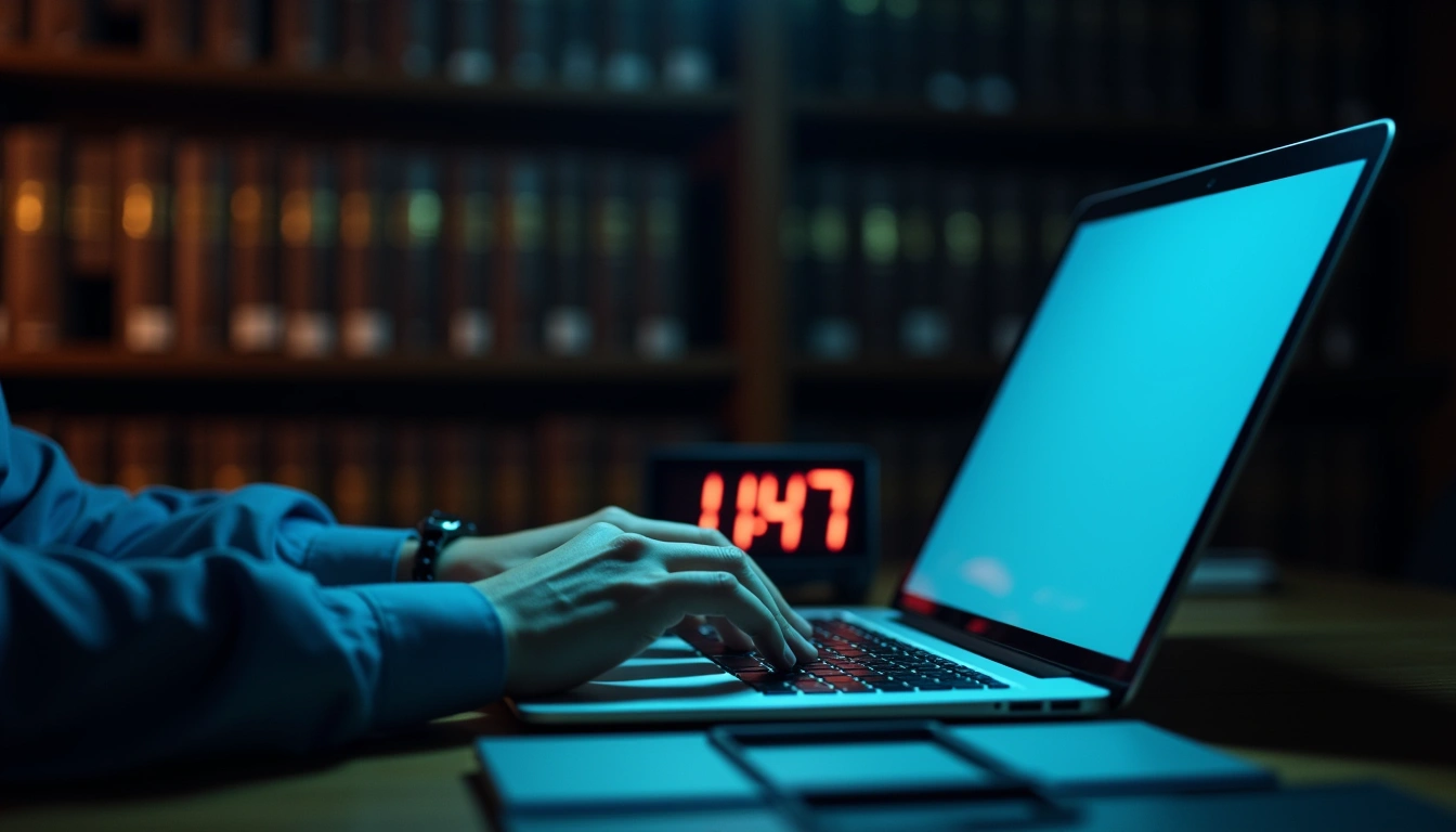 Attorney typing an electronic court filing late at night with a clock approaching midnight on a law office desk