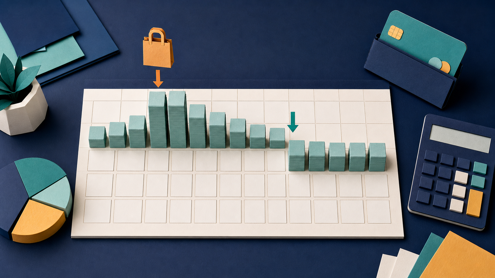 Illustration of daily balance blocks rising after a purchase and falling after a payment across a billing calendar