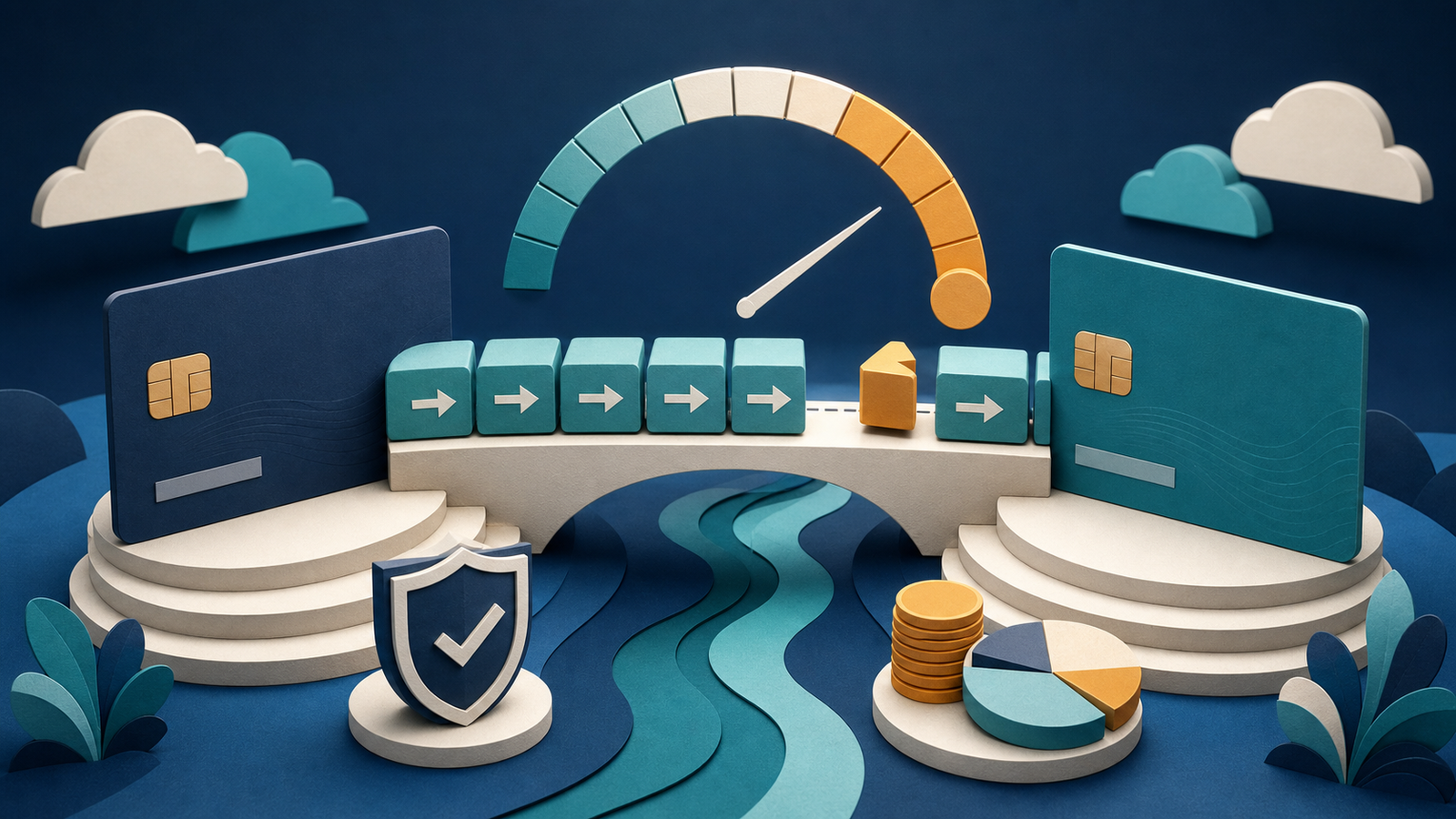 Illustration of a credit card balance crossing a bridge to another card with an upfront fee and a promotional-period countdown