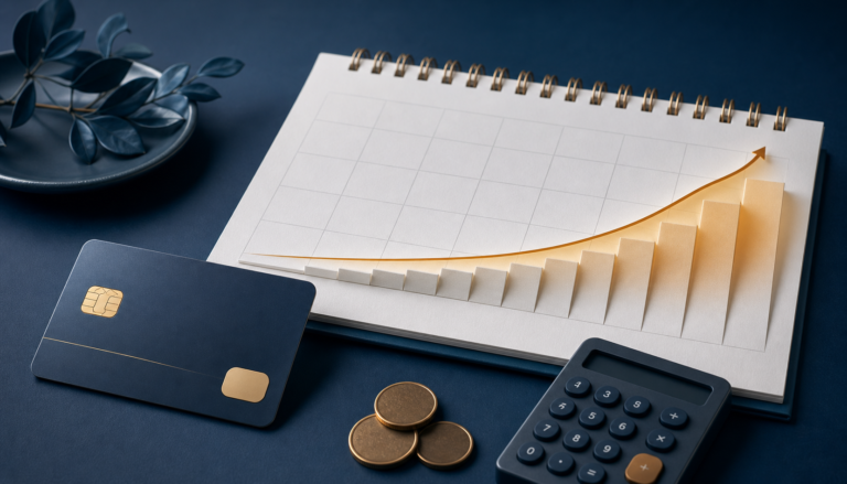 Credit card beside a calendar and rising daily interest curve