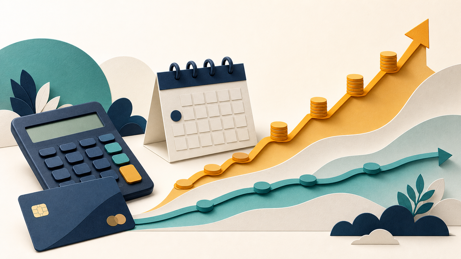 Illustration of a calculator comparing a steep minimum-payment interest path with a shorter accelerated-payment path