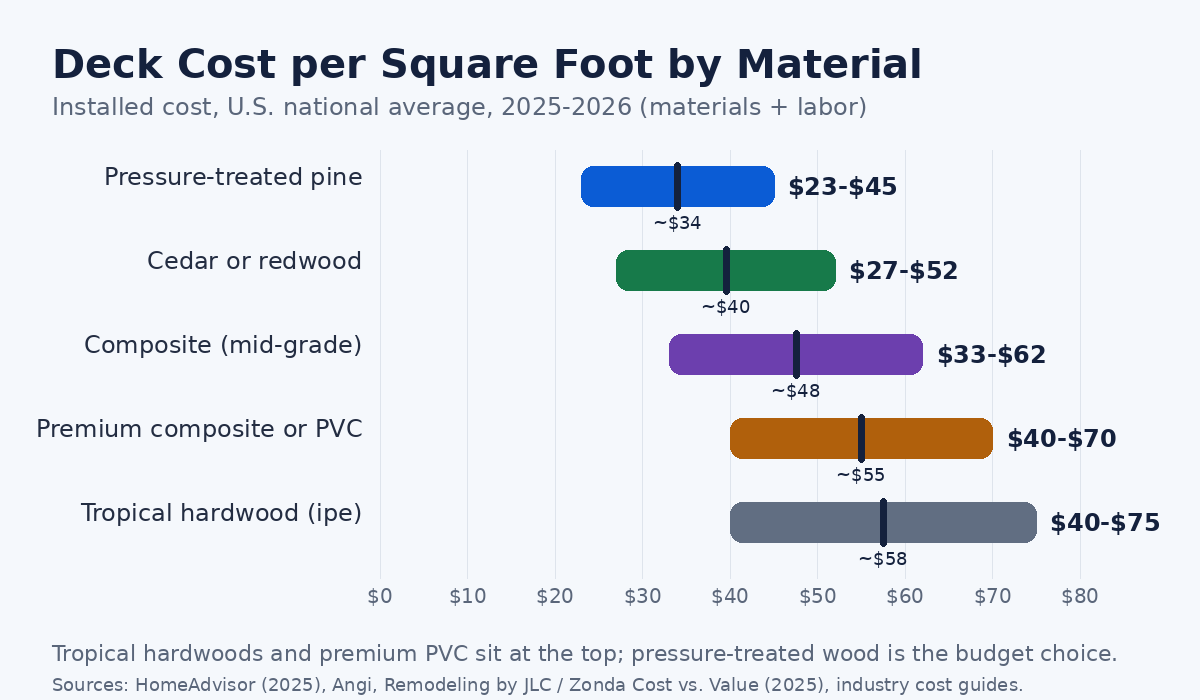 Bar chart comparing installed deck cost per square foot by material, from pressure-treated pine to tropical hardwood