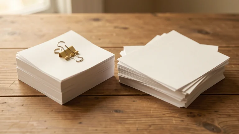 Two distinct paper-stack shapes side by side, one short and even, one taller and uneven, representing two different pay structures, no text in image, no real hands or faces