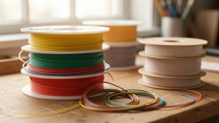Colorful spools of 3D printer filament on a workbench with loose strands on the table