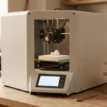 A desktop 3D printer printing a small white part, with a spool of filament beside it