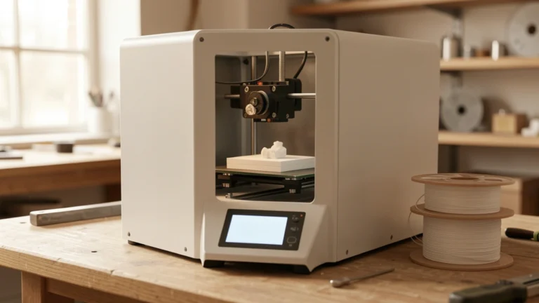 A desktop 3D printer printing a small white part, with a spool of filament beside it
