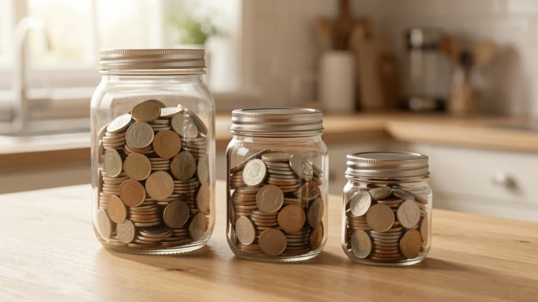 Large, medium and small glass jars of coins on a kitchen counter