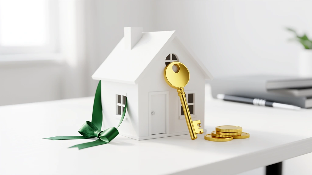 Miniature house with a golden key, green ribbon, and coins, representing a paid-off mortgage