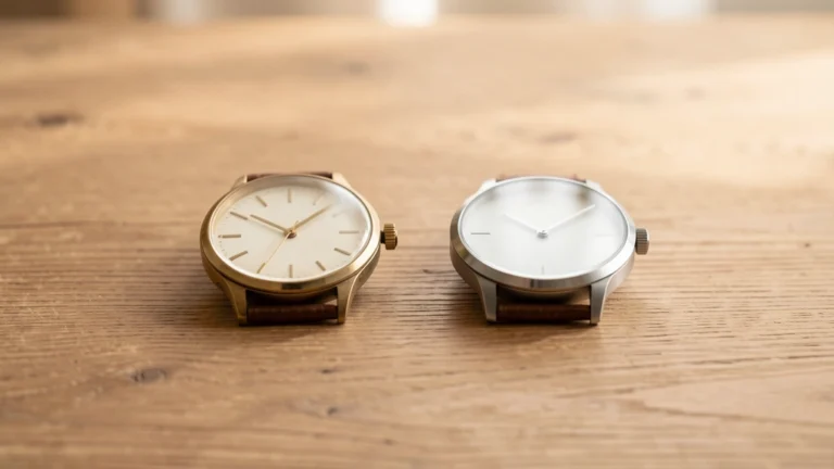 Vintage and modern wristwatches lying side by side on a wooden table