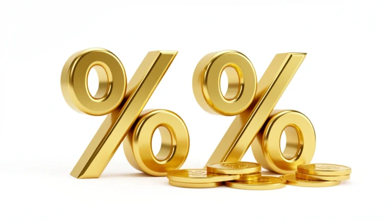Two percent symbols side by side, a lower one labeled as a plain rate and a taller one labeled as a compounded yield, showing APR versus APY as a concept with no text baked into the image