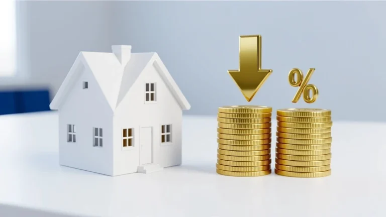 Downward arrow over a small house and a stack of coins, representing whether mortgage points are worth it