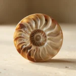 A cut nautilus shell showing its spiral chambers on a light stone surface