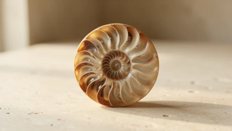 A cut nautilus shell showing its spiral chambers on a light stone surface
