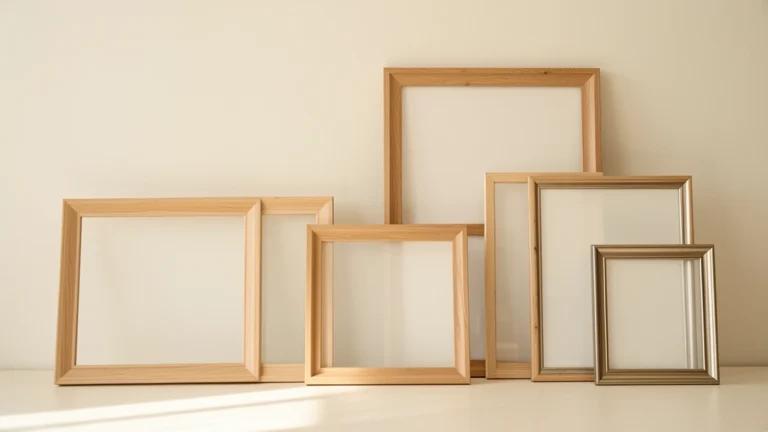A set of empty picture frames in different rectangular shapes and orientations arranged on a wall