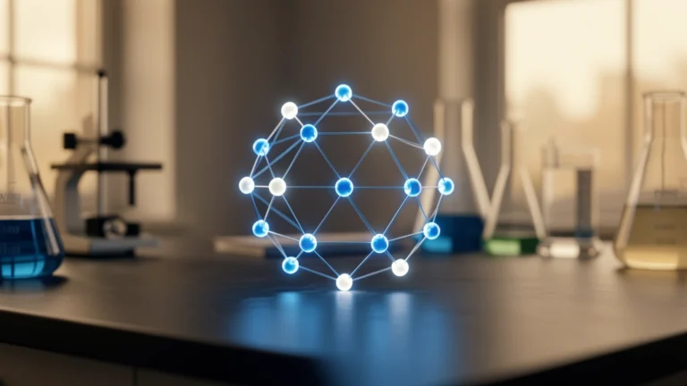 Glowing ball-and-stick molecular model on a dark laboratory bench