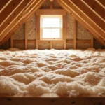 Open attic with thick loose-fill insulation piled deep between wooden ceiling joists under a sloped roof, no people present
