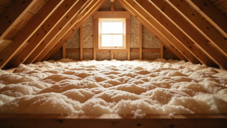 Open attic with thick loose-fill insulation piled deep between wooden ceiling joists under a sloped roof, no people present