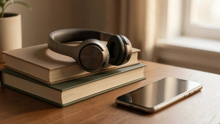 Over-ear headphones on a stack of hardcover books beside a phone lying face down