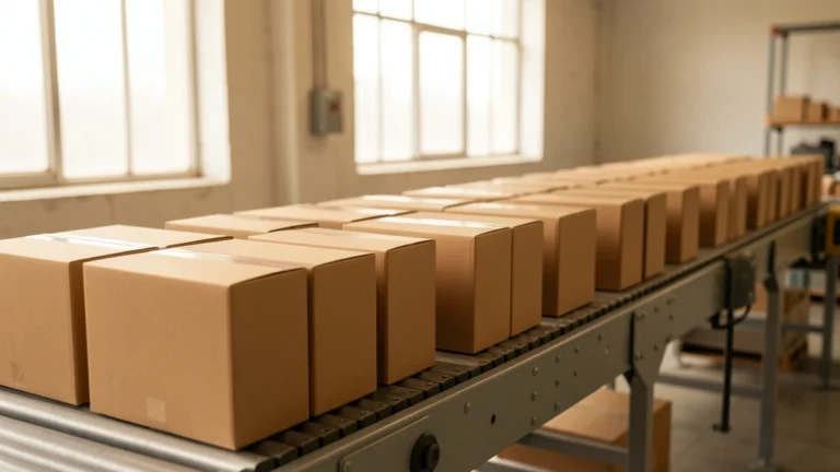 Row of identical cardboard boxes moving along a factory conveyor