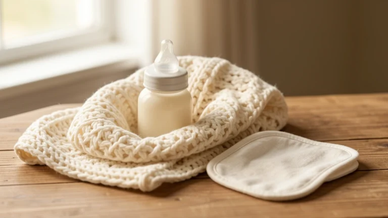 A warm still life of a baby bottle resting beside a soft folded blanket, gentle natural light, no text or numbers in the image, no real child's face