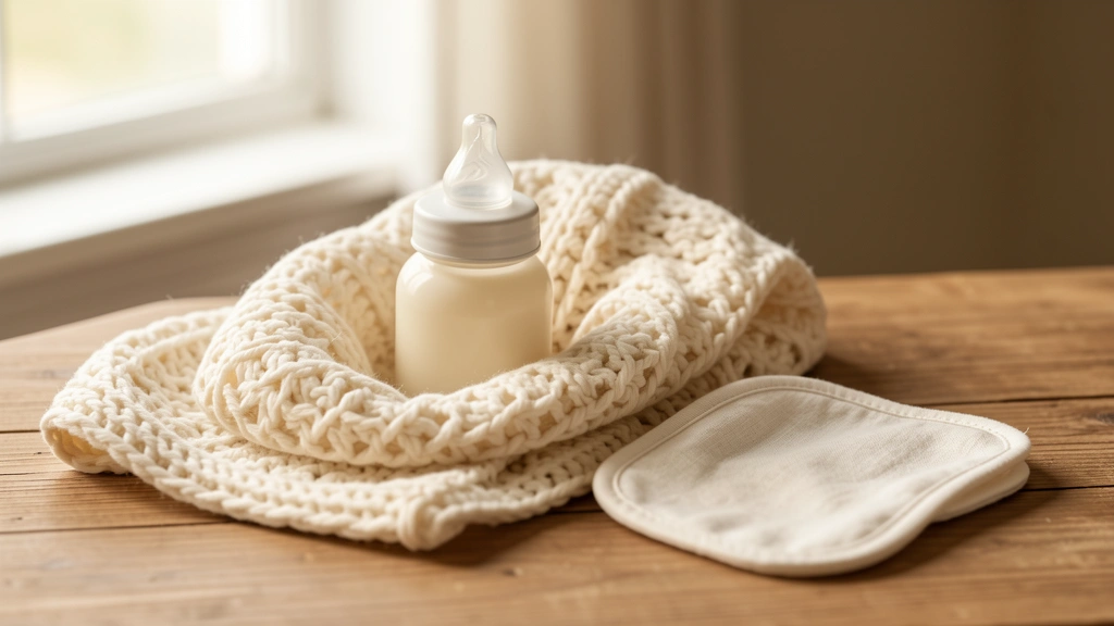 A warm still life of a baby bottle resting beside a soft folded blanket, gentle natural light, no text or numbers in the image, no real child's face