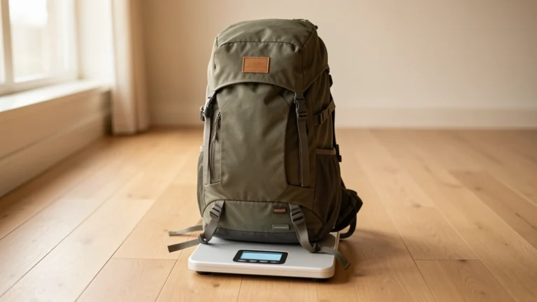 Hiking backpack standing on a bathroom scale on a wooden floor