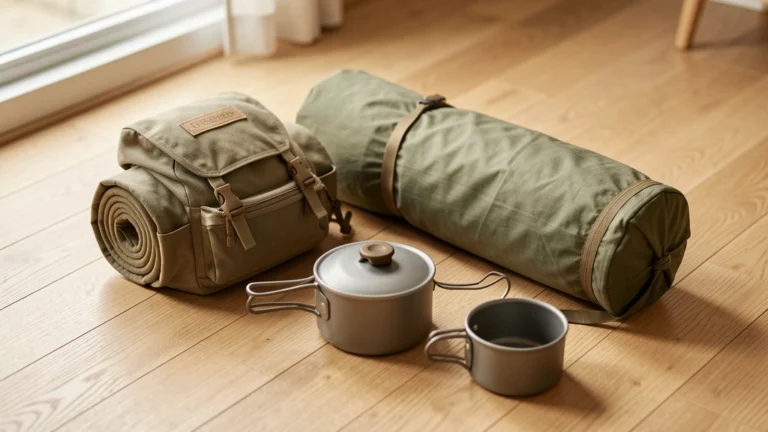 A lightweight backpacking kit laid out on a wooden floor: small pack, sleeping pad, tent bag and cook pot