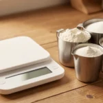 A kitchen scale beside a set of dry measuring cups filled with flour and sugar on a wooden counter