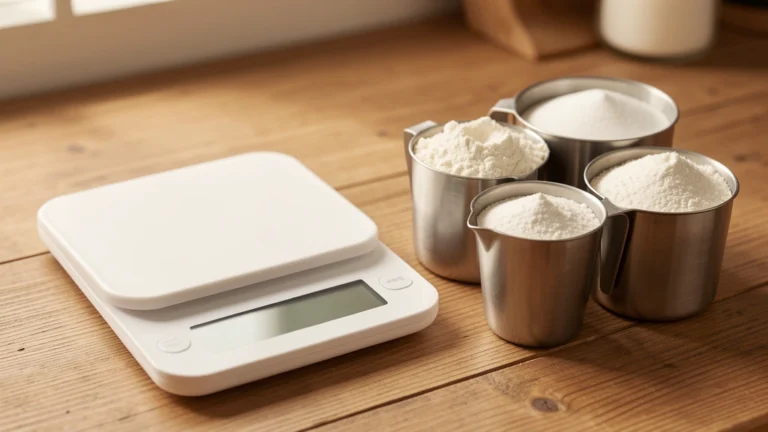 A kitchen scale beside a set of dry measuring cups filled with flour and sugar on a wooden counter