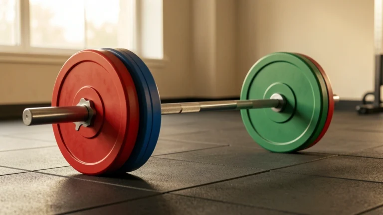 Barbell loaded with red, blue and green bumper plates on a gym floor