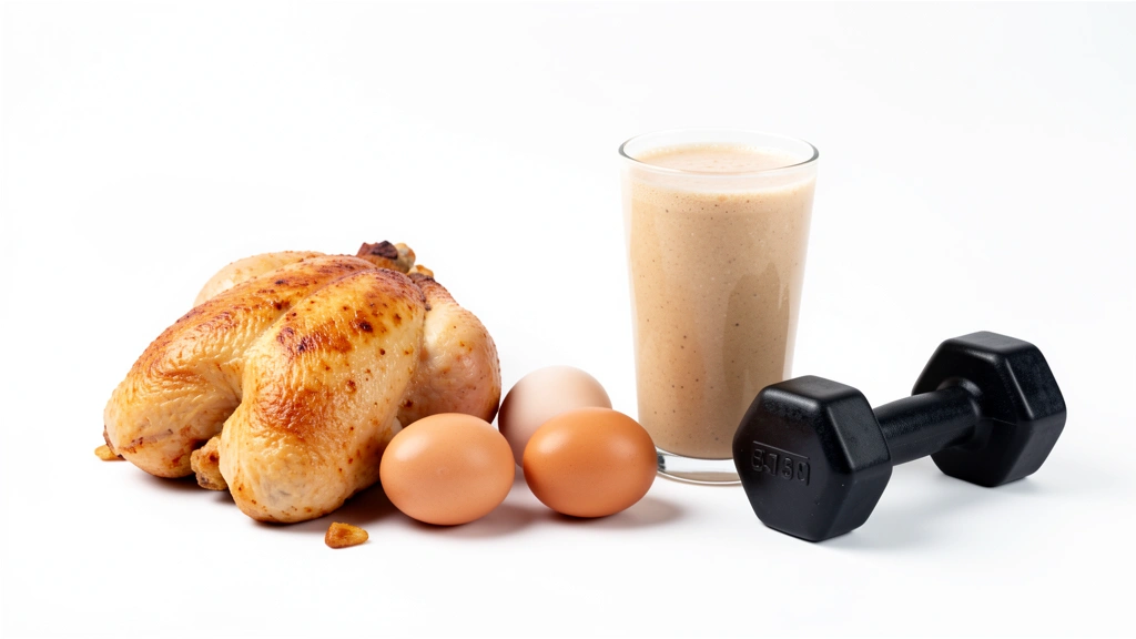 Protein-rich foods such as eggs, chicken, fish, and beans arranged beside a dumbbell, representing macros for building muscle, no text in image, no real person