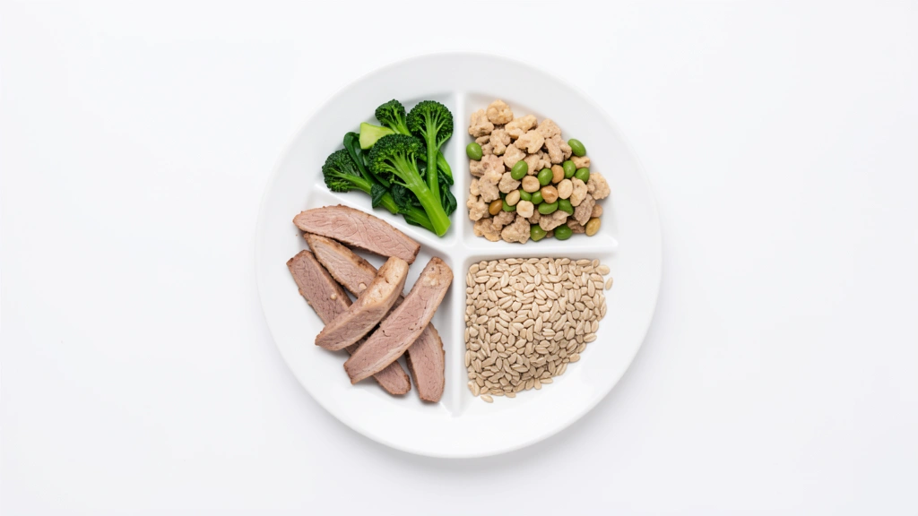 A dinner plate divided into three portions representing protein, carbohydrate and fat, a simple concept image with no text and no real person