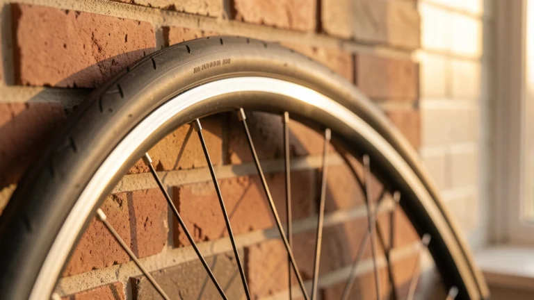 Road bicycle wheel and tire leaning against a brick wall