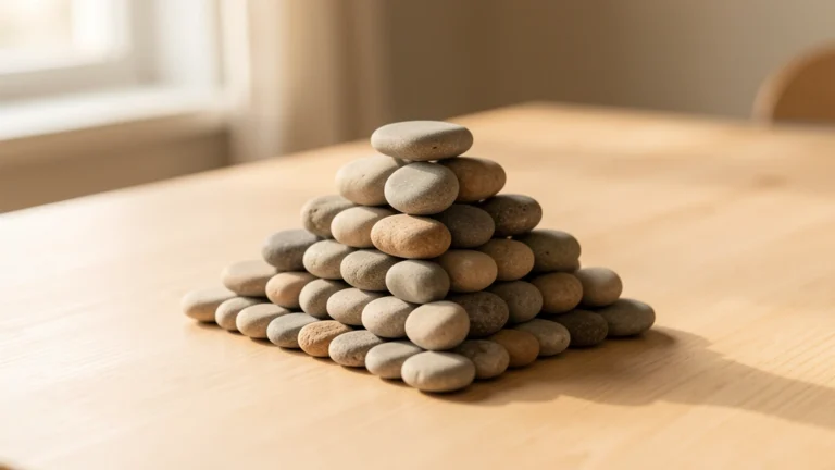 Smooth river stones stacked in a neat triangle on a wooden table
