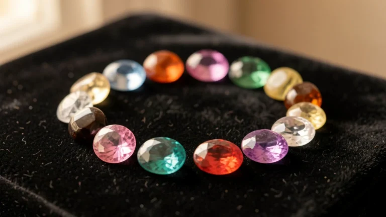 Circle of twelve colorful polished gemstones on dark velvet
