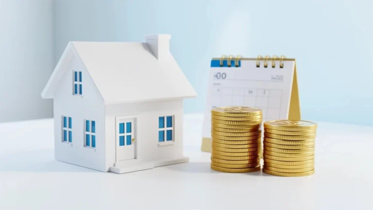 Miniature house, a calendar, and stacks of gold coins representing biweekly mortgage payments