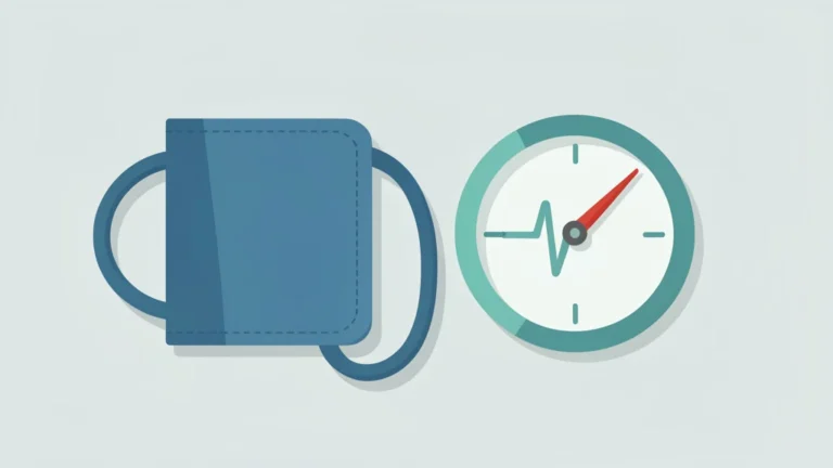 A simple blood pressure cuff and gauge icon beside a calm heartbeat line, clean flat style, no text