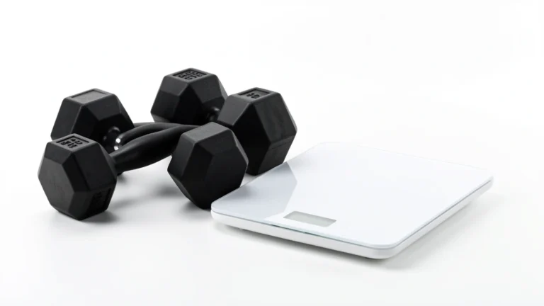 Muscular silhouette standing beside a bathroom scale, with a small dumbbell, representing why BMI can misread athletic bodies; no text in image, no real person's face