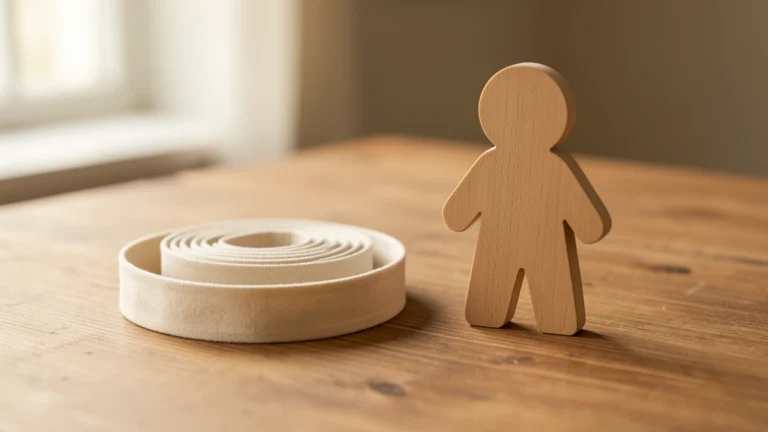 A friendly abstract measuring tape curving gently beside a soft, simple child silhouette outline, warm pastel tones, no real face, no clinical setting, no text or numbers in the image