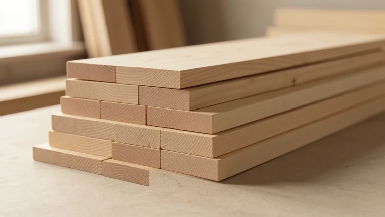 A neat stack of raw lumber boards in different widths beside a steel tape measure on a plain workshop floor, no text, no numbers, no real person's hands or face