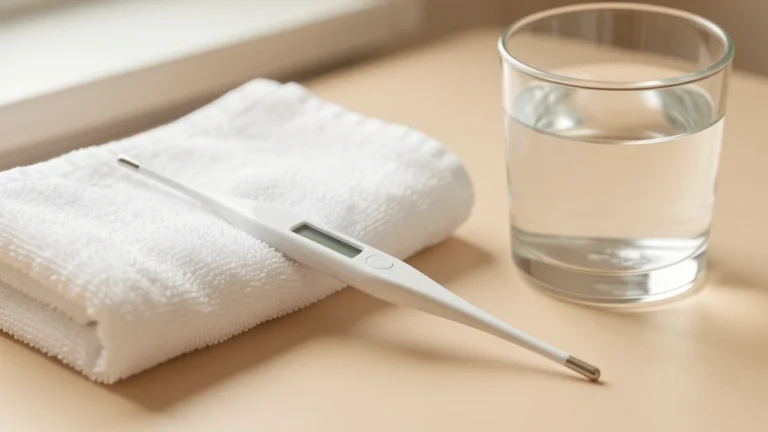 Digital stick thermometer on a folded towel beside a glass of water