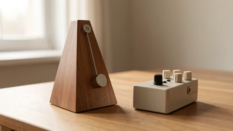A wooden pyramid metronome beside a small effects pedal on a table