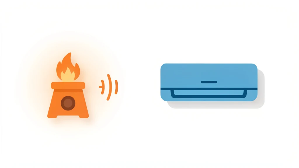 A small heat energy unit icon beside a furnace and an air conditioner, clean flat concept, no people, no text