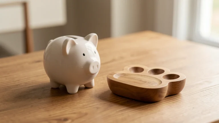 A small piggy bank next to a paw-print-shaped dish, photorealistic editorial still life, suggesting saving ahead for vet costs, no text, no numbers, no currency, no faces or people, no injured or sick animals depicted