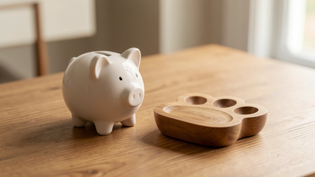 A small piggy bank next to a paw-print-shaped dish, photorealistic editorial still life, suggesting saving ahead for vet costs, no text, no numbers, no currency, no faces or people, no injured or sick animals depicted
