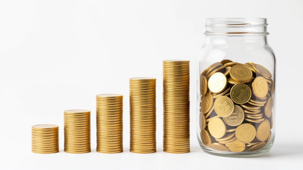 A growing stack of coins climbing like steps toward a large glass goal jar, representing building a six-month emergency fund from scratch, no text in image