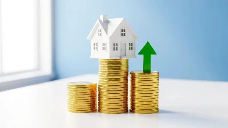 Miniature house on a rising stack of gold coins with an upward arrow, representing building home equity faster