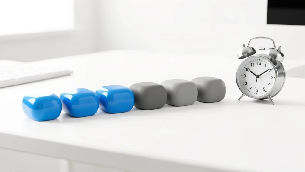 Row of blue weekday tiles and grey weekend tiles beside a desk clock, representing counting business days